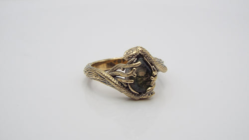 Teardrop Moss Agate Golden Snake Ring - JF Fantasy Jewelry