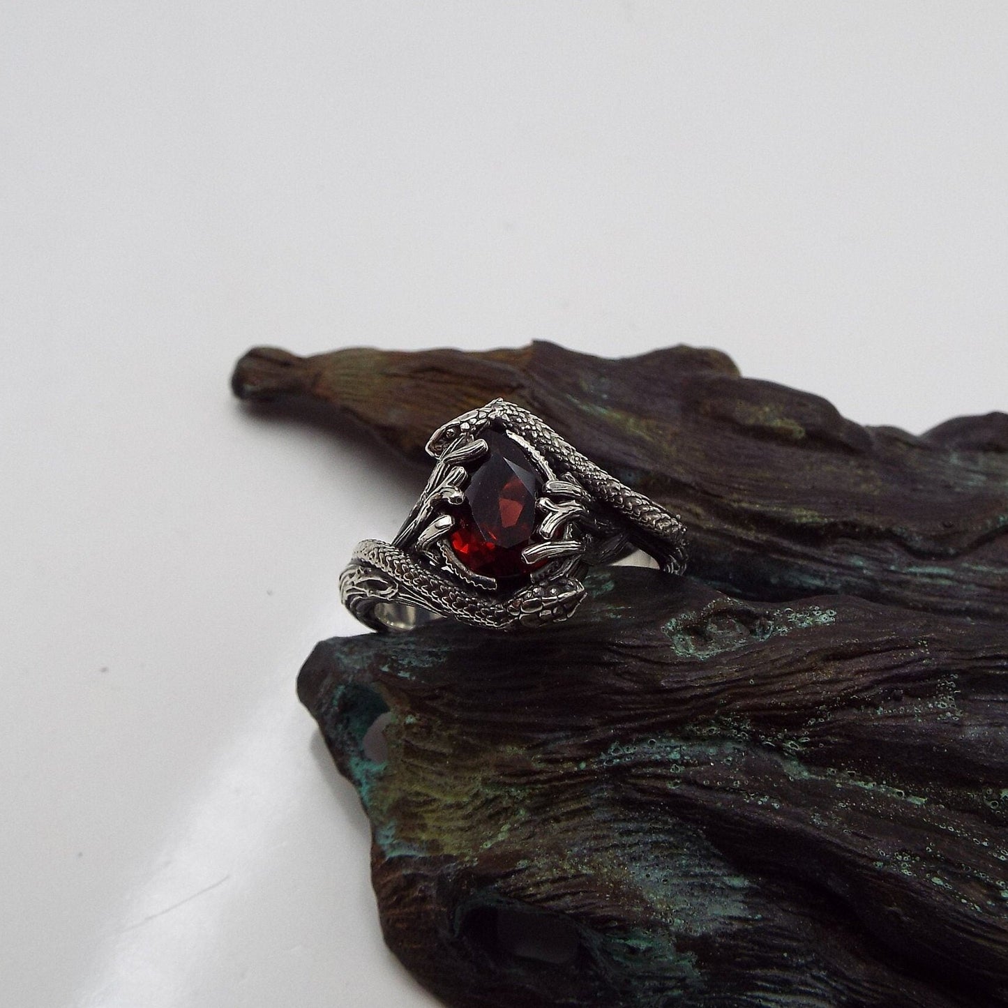 Teardrop Garnet Snake Ring - JF Fantasy Jewelry