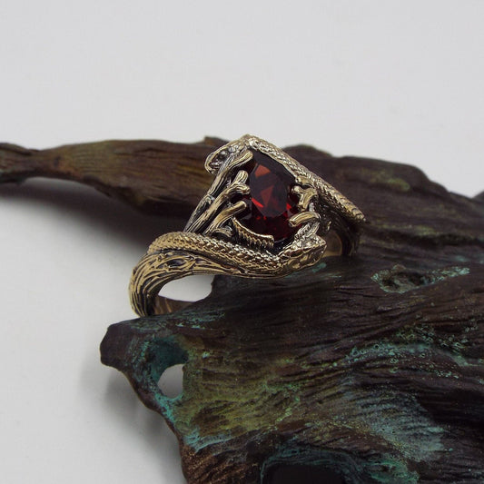 Teardrop Garnet Golden Snake Ring - JF Fantasy Jewelry